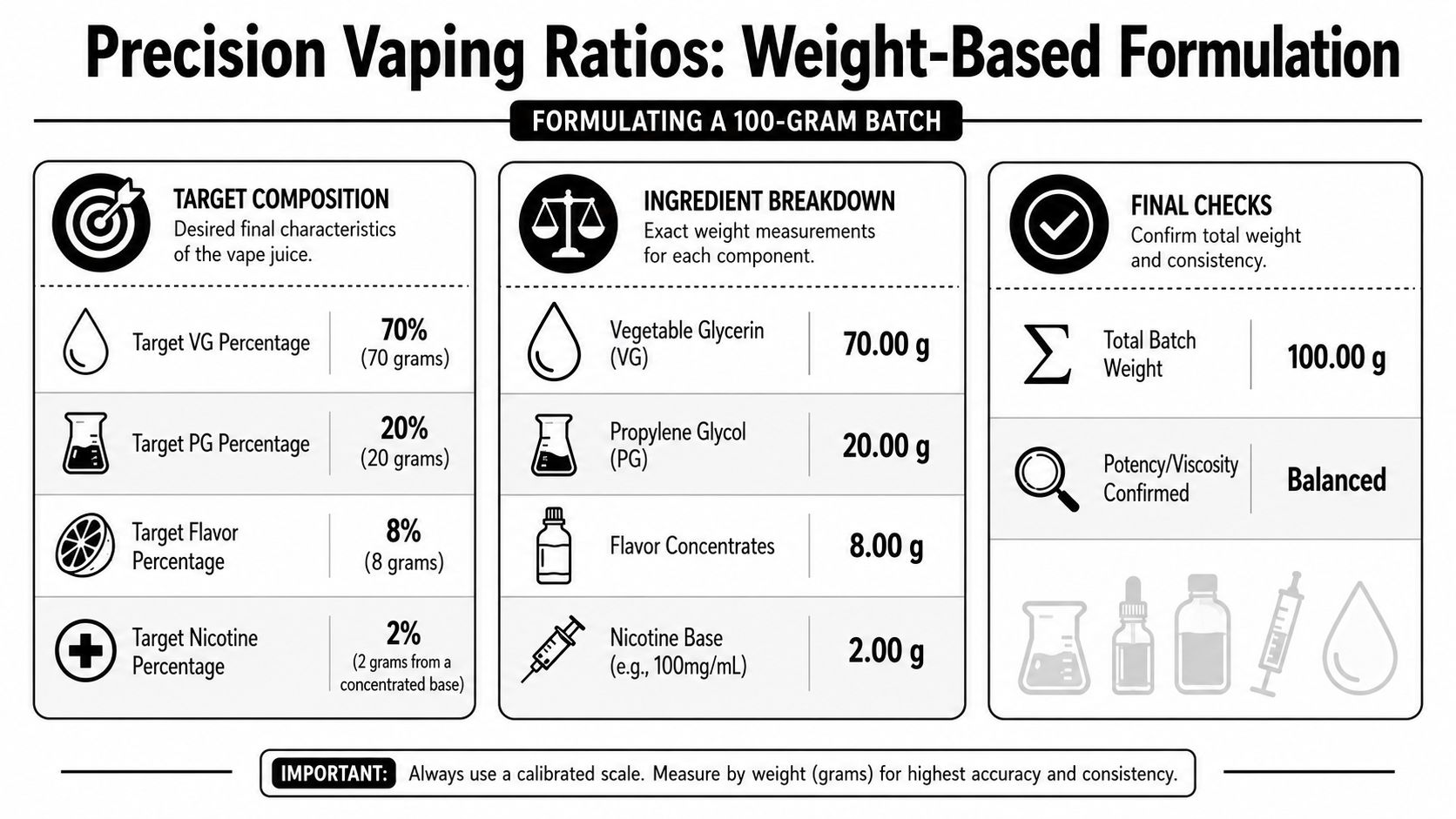 An infographic detailing a weight-based formulation guide for creating a 100-gram batch of vape juice.