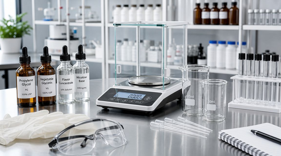 A laboratory setup for mixing vape juice with chemicals, measuring scale, beakers, and safety equipment.