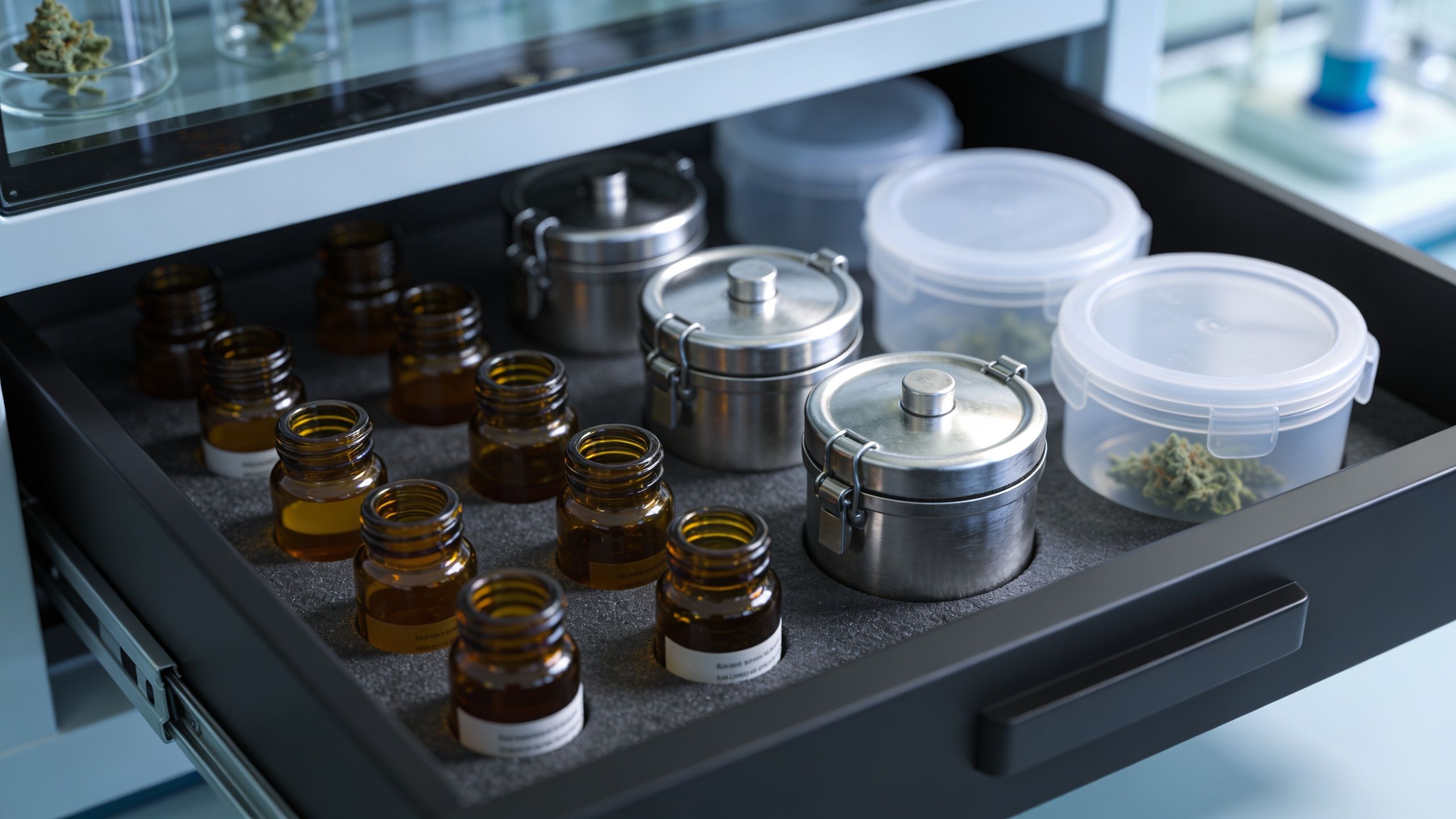 A laboratory drawer containing amber glass vials and metal containers for professional cannabis terpene storage.