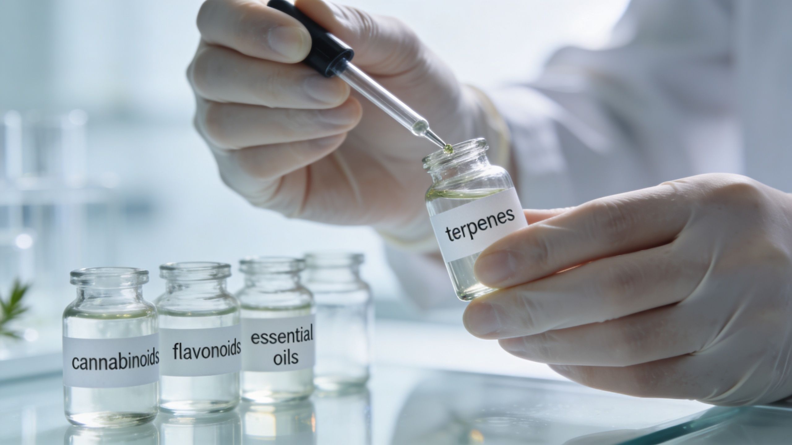 A laboratory scientist in gloves carefully drops liquid into a small vial labeled terpenes for research purposes.