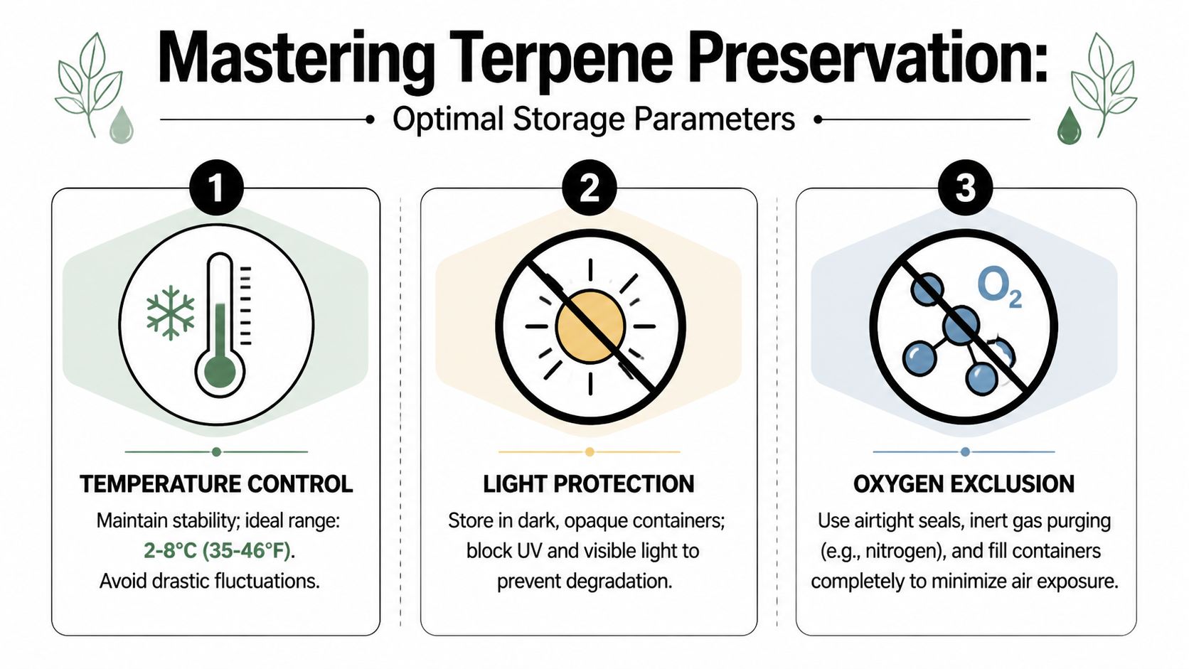 An infographic detailing the three optimal storage parameters for preserving terpenes: temperature control, light protection, and oxygen exclusion.