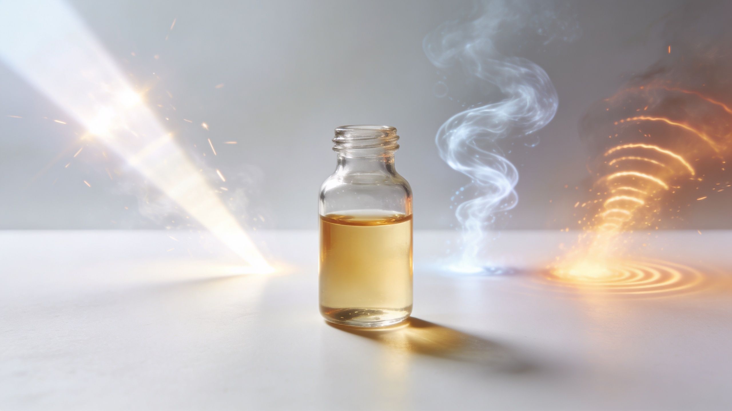 A glass vial containing golden terpene liquid centered between mystical swirling smoke and bright ethereal light.