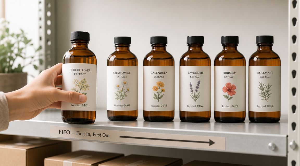 A hand picking an elderflower extract bottle from a shelf following FIFO inventory management principles.