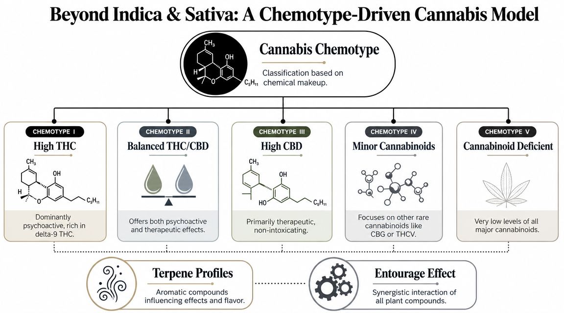An infographic titled Beyond Indica and Sativa illustrating a cannabis chemotype-driven model based on chemical composition.