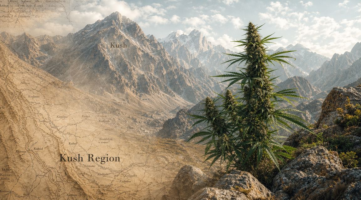A cannabis plant growing in front of the Hindu Kush mountain range with an antique map overlay.