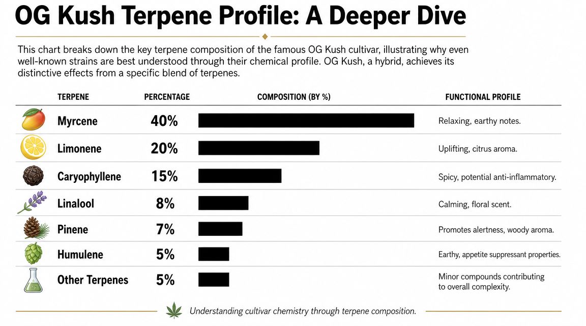A chart detailing the chemical terpene profile of OG Kush, including percentages and functional properties of each compound.