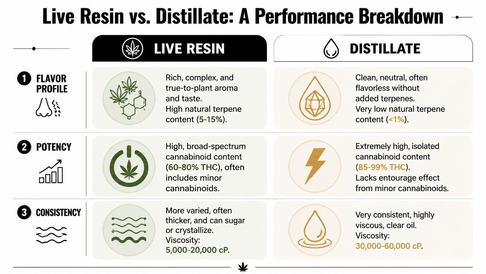 A comparison chart highlighting the differences in flavor, potency, and consistency between live resin and cannabis distillate.