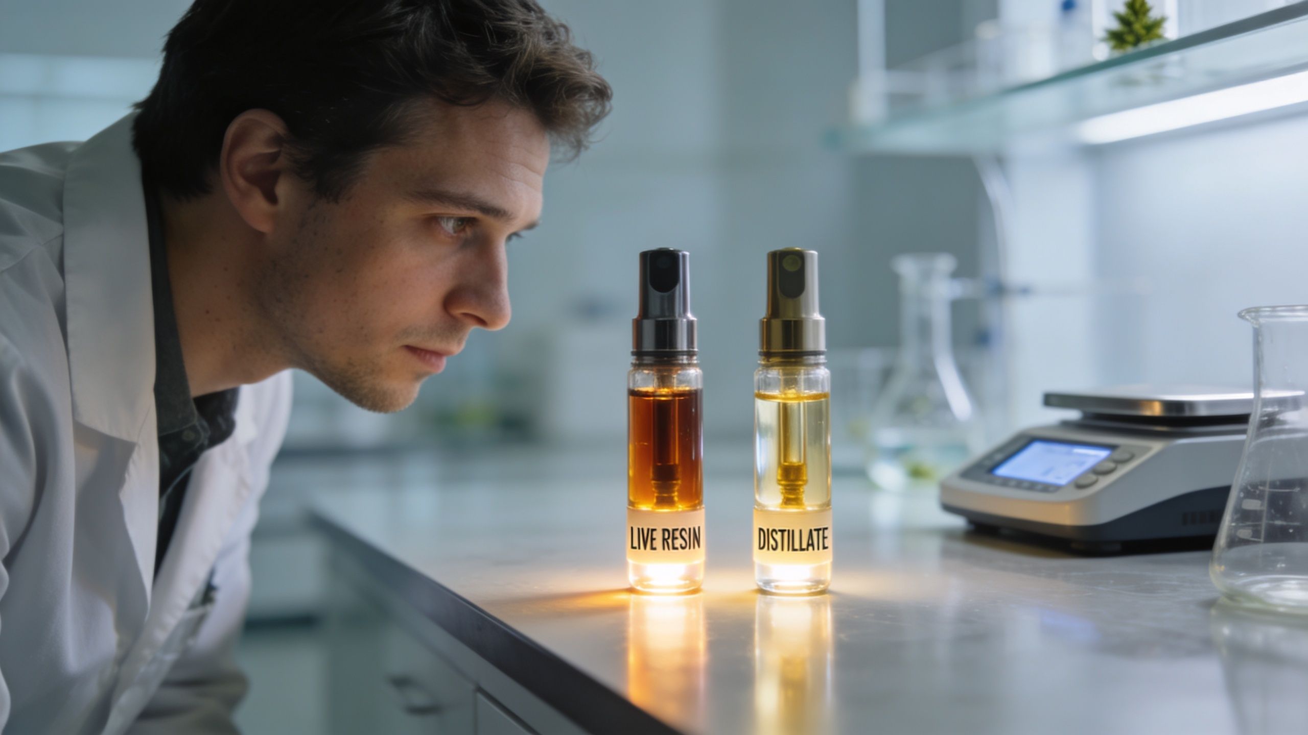 A scientist in a lab comparing samples of live resin and distillate in small spray bottles.