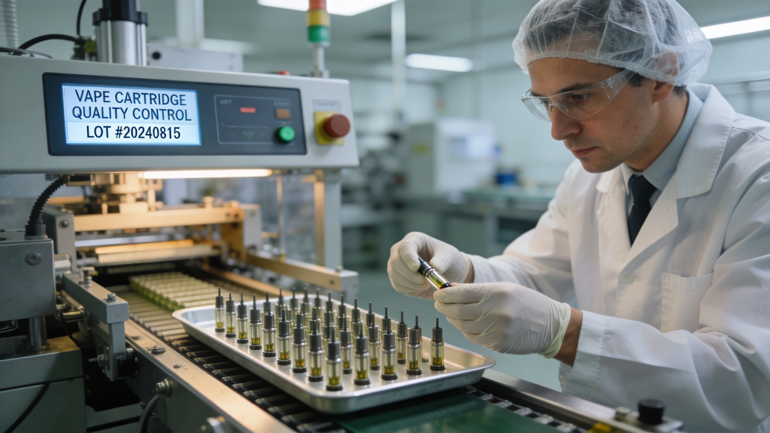 A lab technician inspecting quality of vape cartridges on an automated production line in a clean facility.