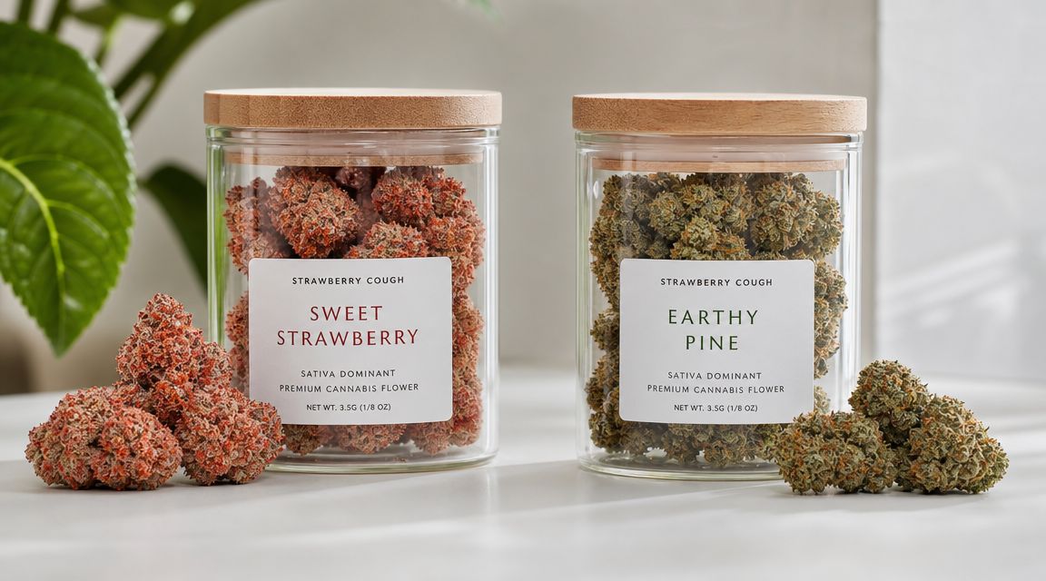 Two glass jars filled with Sativa-dominant Strawberry Cough cannabis flower buds on a white table surface.
