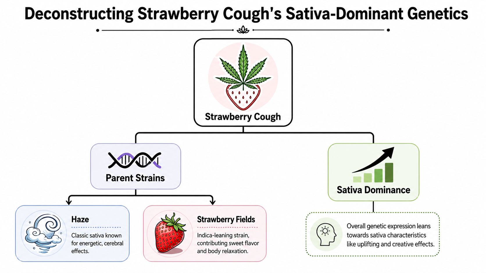 A diagram illustrating the sativa-dominant genetics and parent strains of the Strawberry Cough cannabis variety.