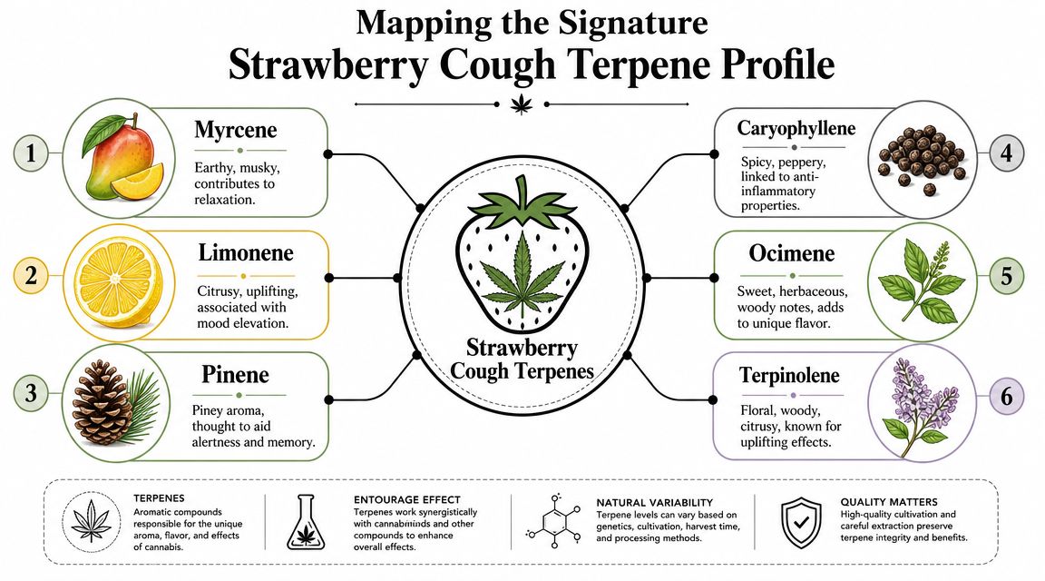 An infographic detailing the terpene profile of Strawberry Cough cannabis, including Myrcene, Limonene, Pinene, Caryophyllene, Ocimene, and Terpinolene.