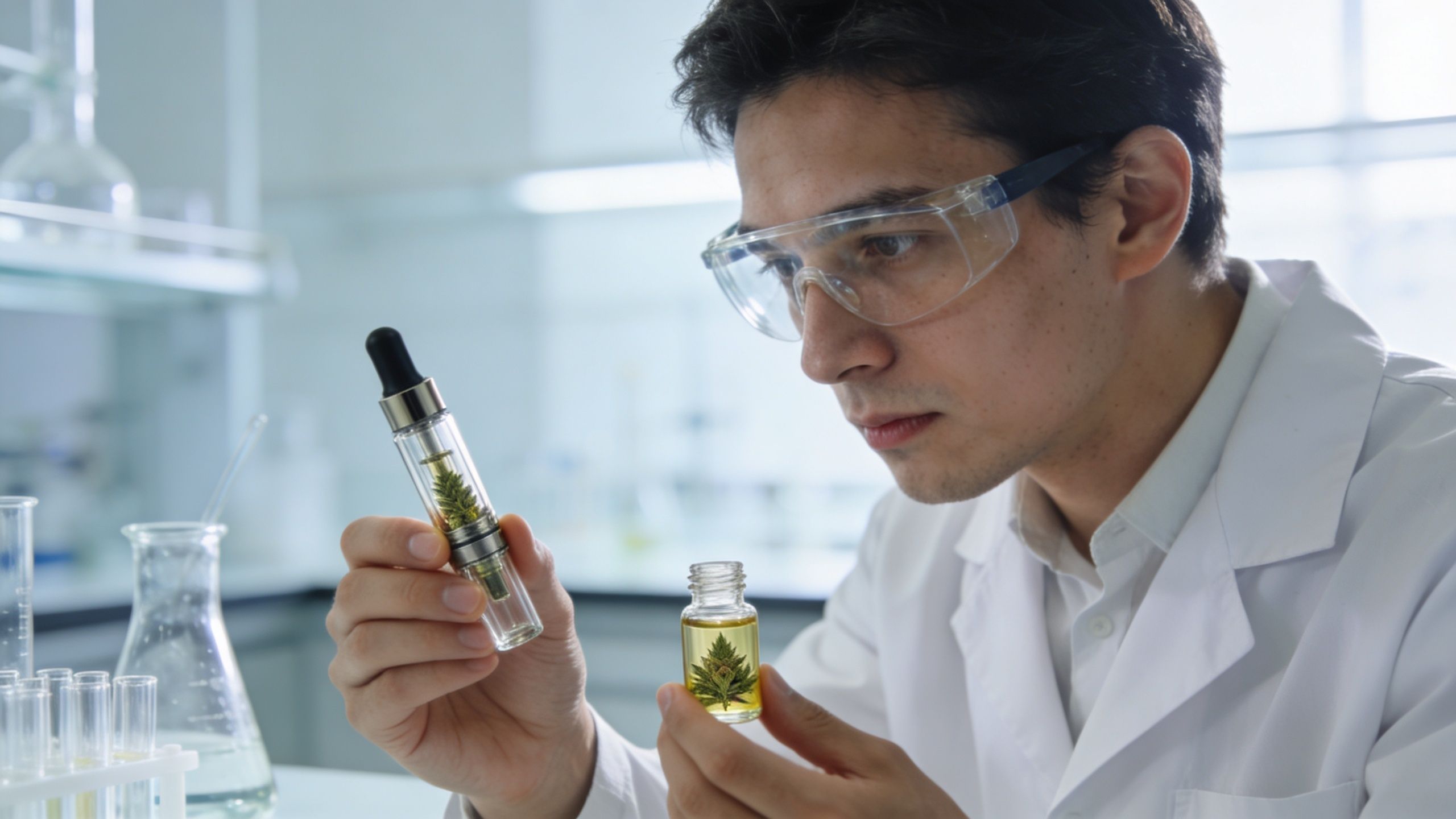 A lab researcher wearing safety goggles inspects cannabis oil samples held in a vial and vaporizer.