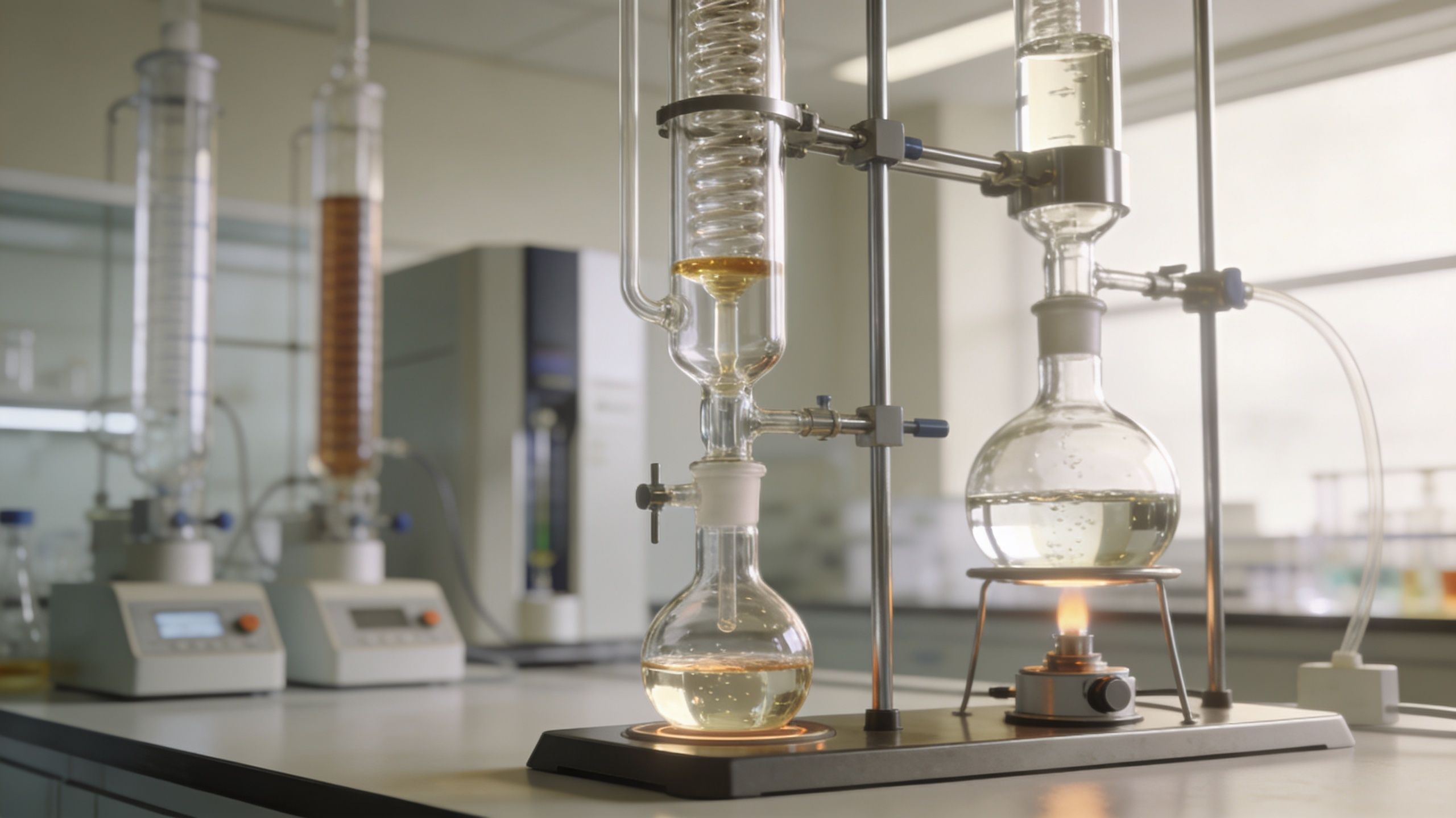 A professional laboratory setup featuring glass distillation equipment and heating apparatus for chemical extraction and scientific analysis.