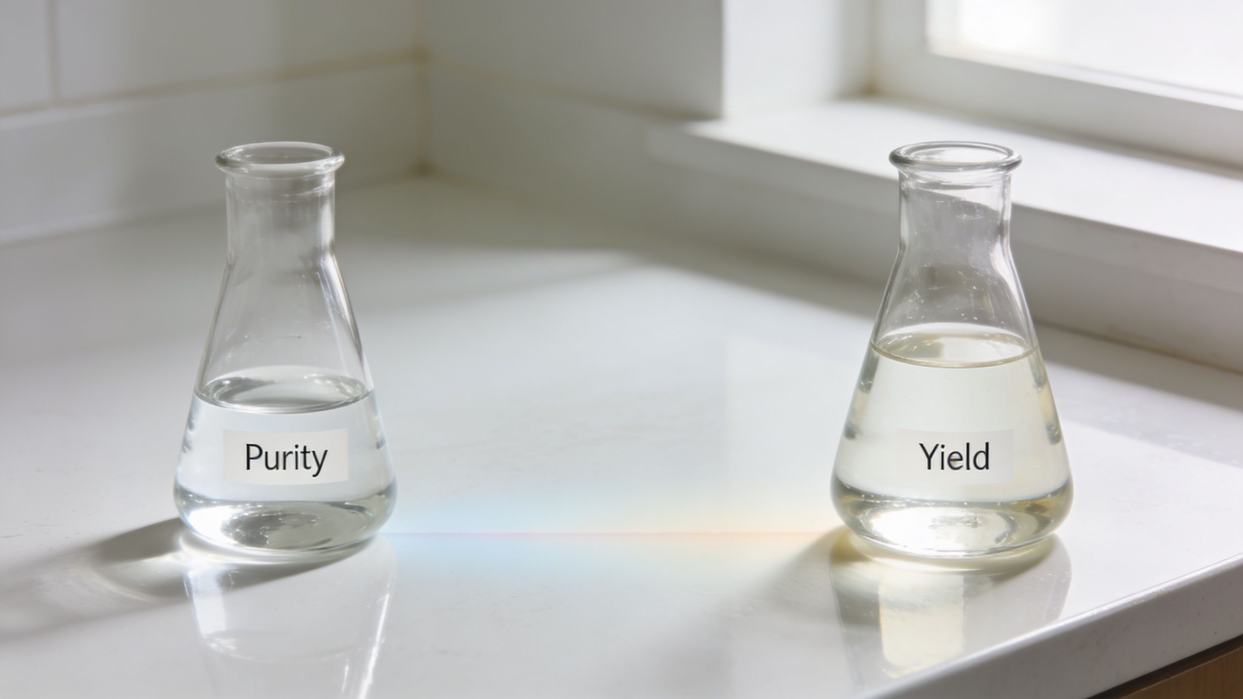 Two clear laboratory flasks, one labeled Purity and one labeled Yield, resting on a white surface.