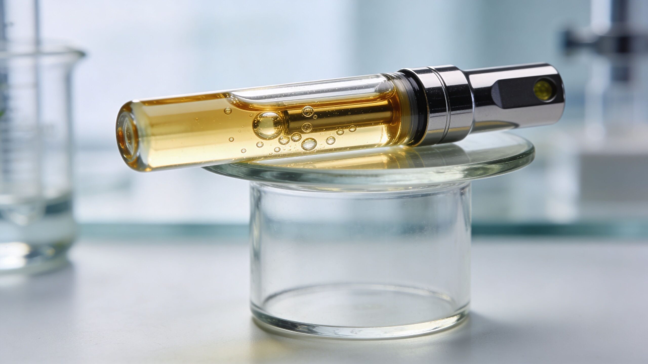 A close-up of a small glass vial containing amber cannabis oil extract resting on a circular base.