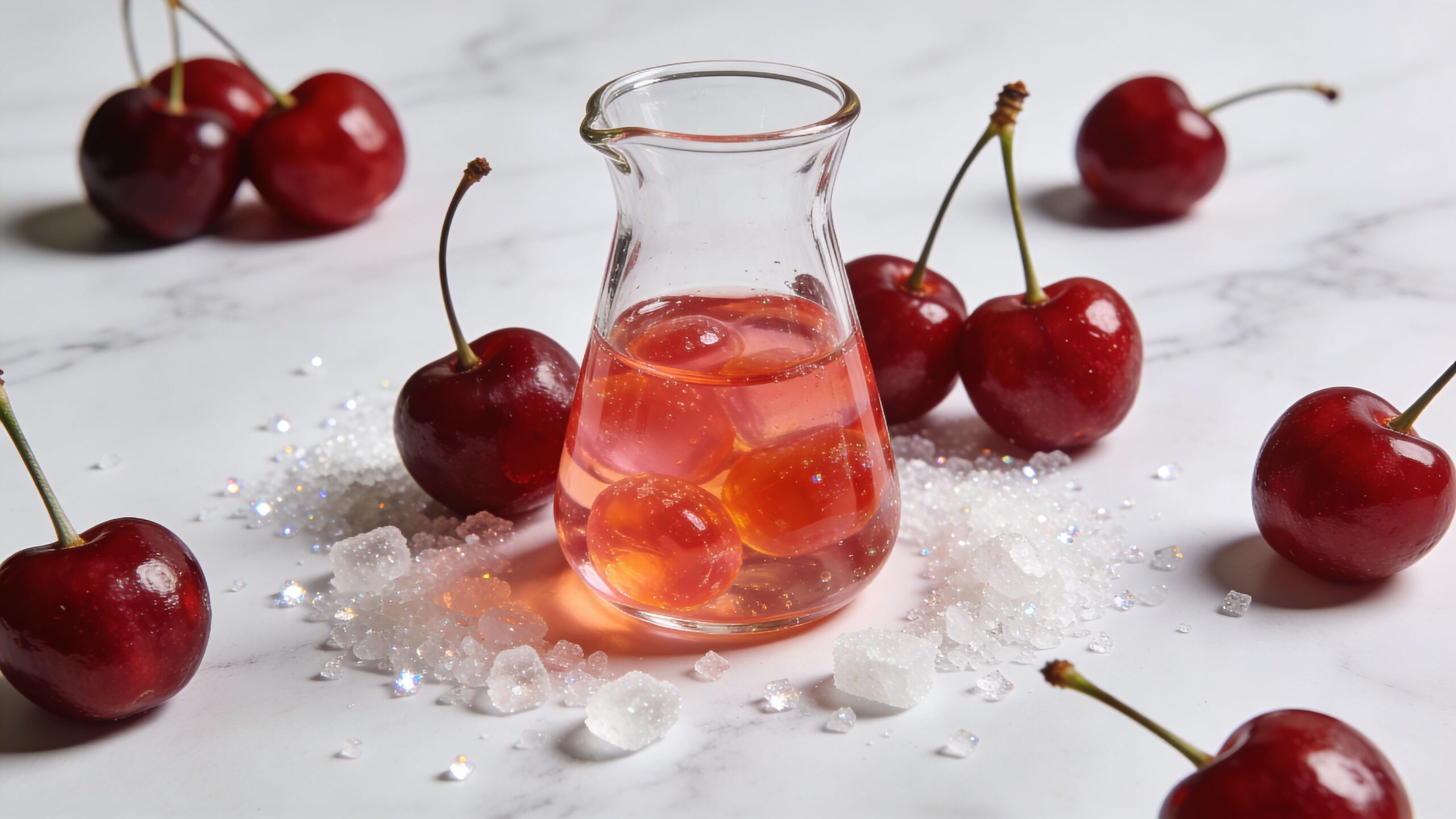 A glass carafe filled with sweet cherry jelly candies surrounded by fresh cherries and sugar crystals on marble.