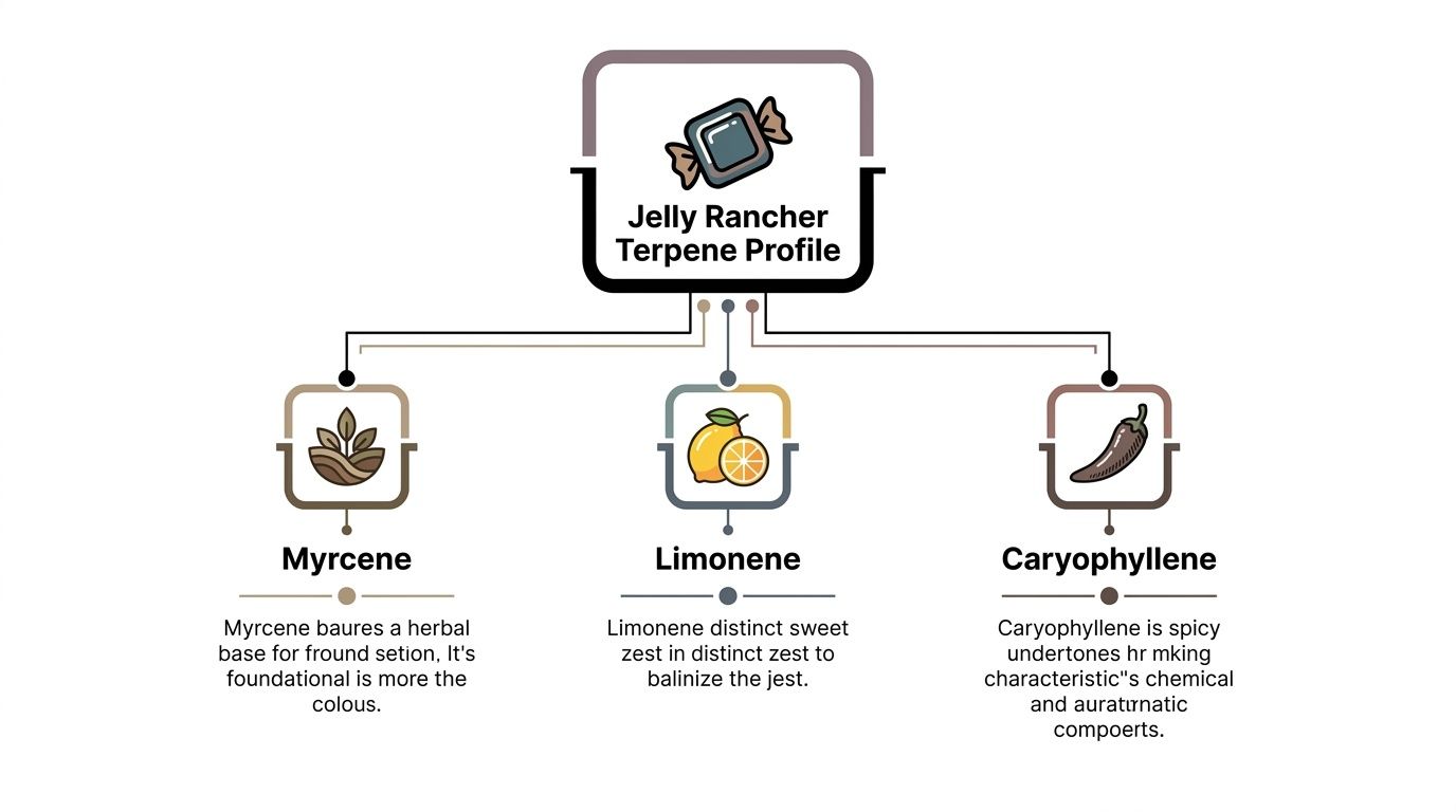 A diagram illustrating the terpene profile of the Jelly Rancher strain, highlighting Myrcene, Limonene, and Caryophyllene components.