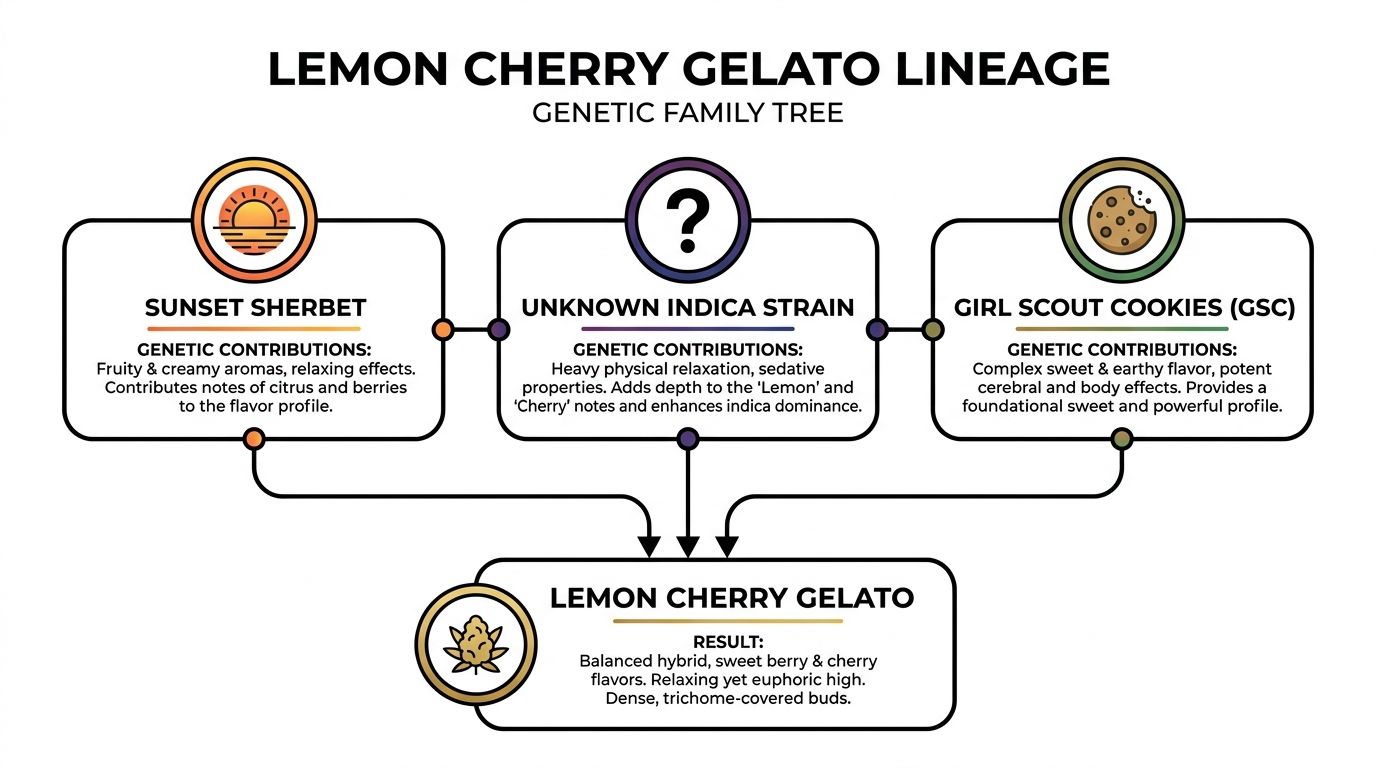 A genetic family tree infographic explaining the parent strains of Lemon Cherry Gelato cannabis.