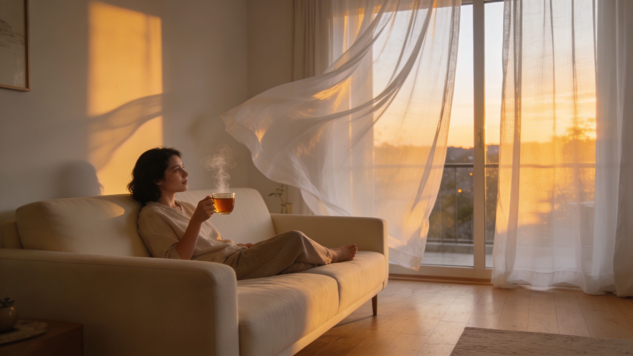 A relaxed woman sits on a beige sofa, enjoying a warm cup of tea during a golden sunset.