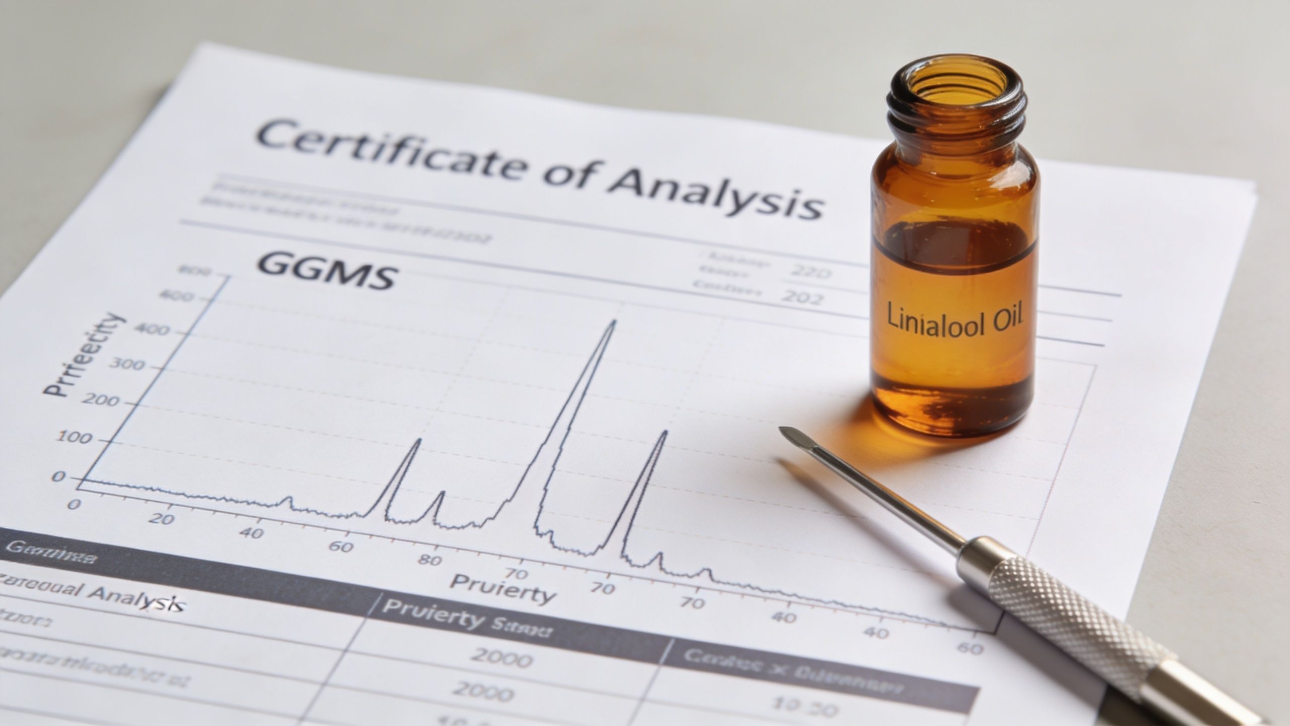 A brown glass vial of Linalool essential oil placed on a technical chromatography certificate of analysis report.