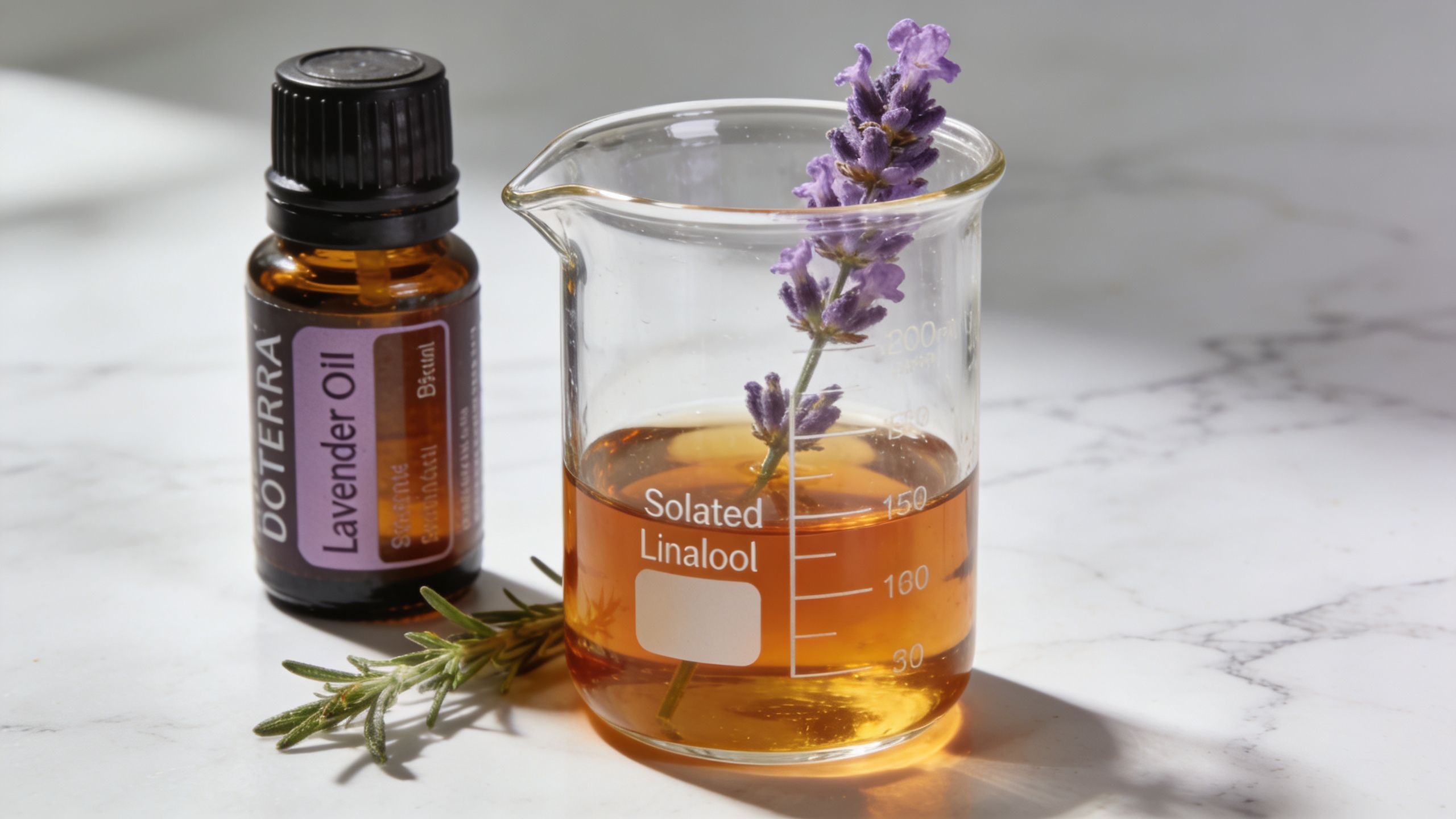 A glass beaker filled with golden linalool oil, featuring a sprig of lavender and a lavender oil bottle.