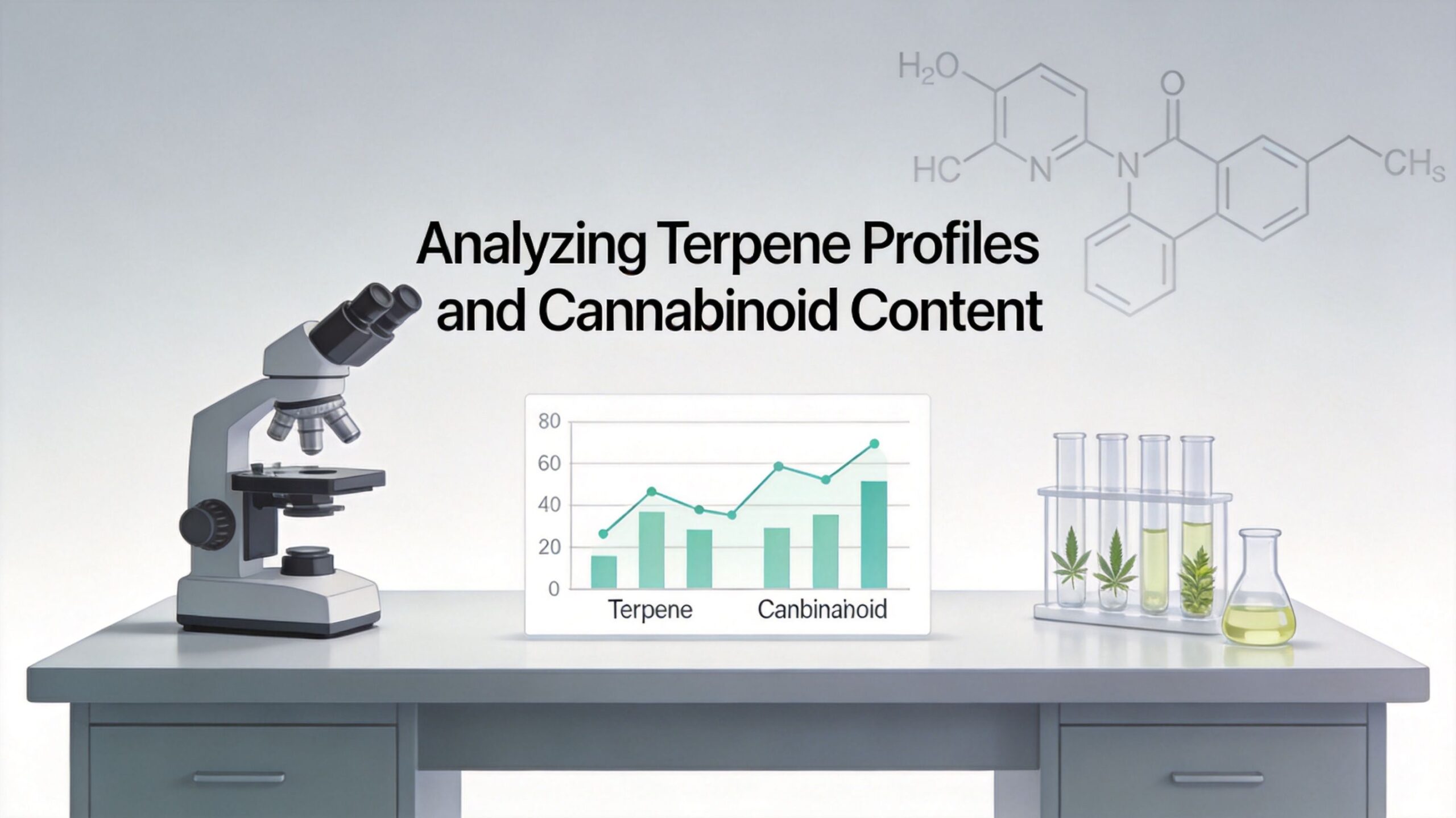A microscope, a chart with data bars, and test tubes containing cannabis samples on a laboratory table.