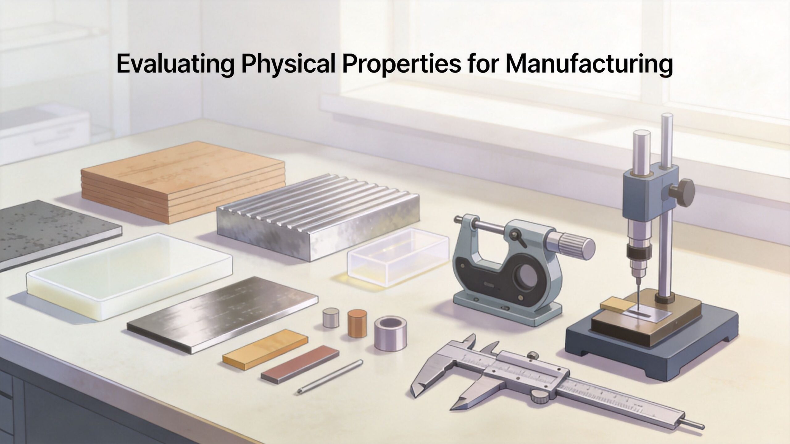 Various raw materials and precision measuring tools arranged on a laboratory workspace for material testing.