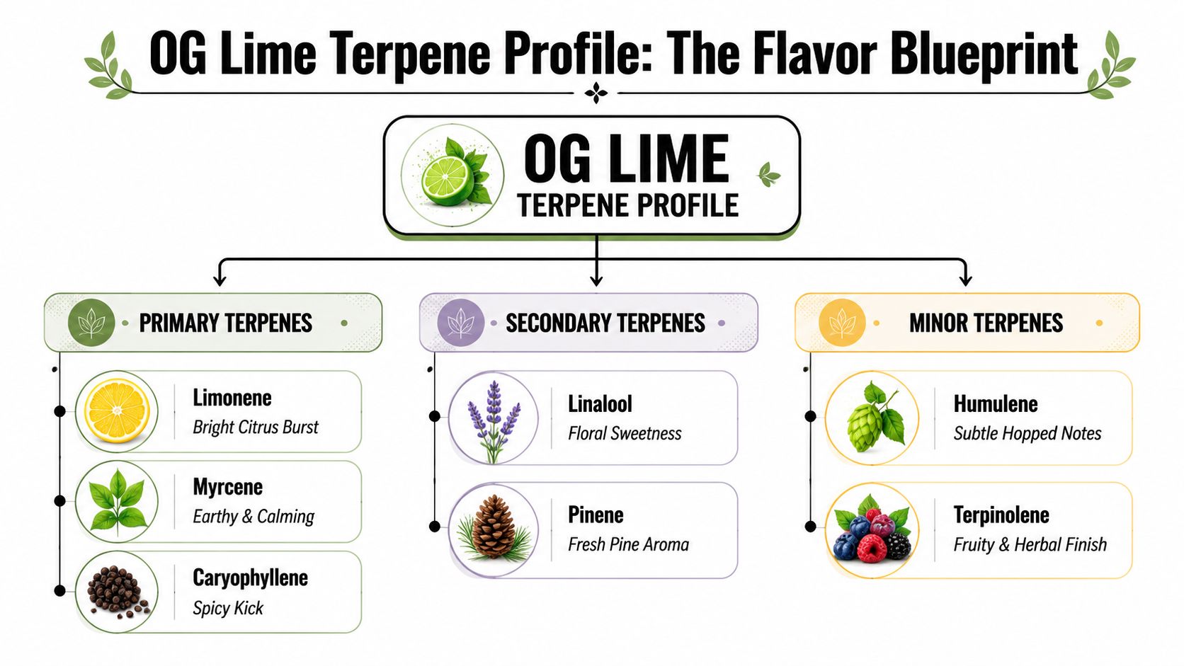 A visual breakdown of the OG Lime cannabis terpene profile, categorizing primary, secondary, and minor compounds.