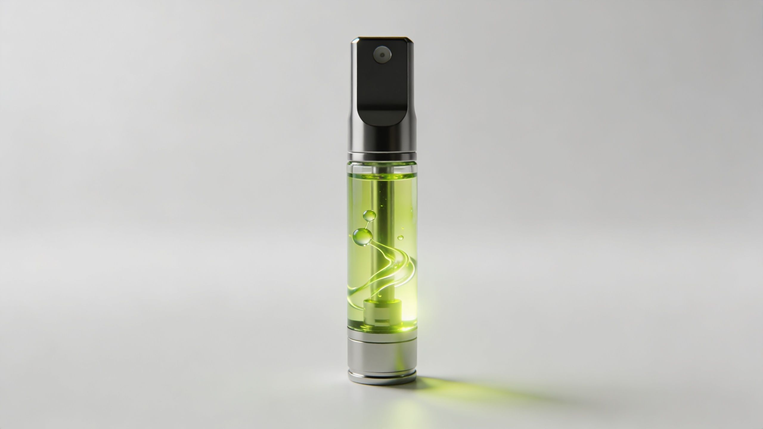 A close-up of a glass vape cartridge filled with neon green cannabis oil on a white background.