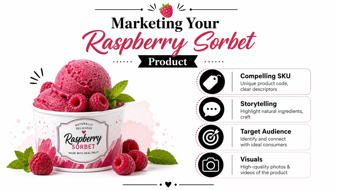 A marketing graphic for raspberry sorbet featuring a scoop of sorbet with fresh raspberries and mint leaves.