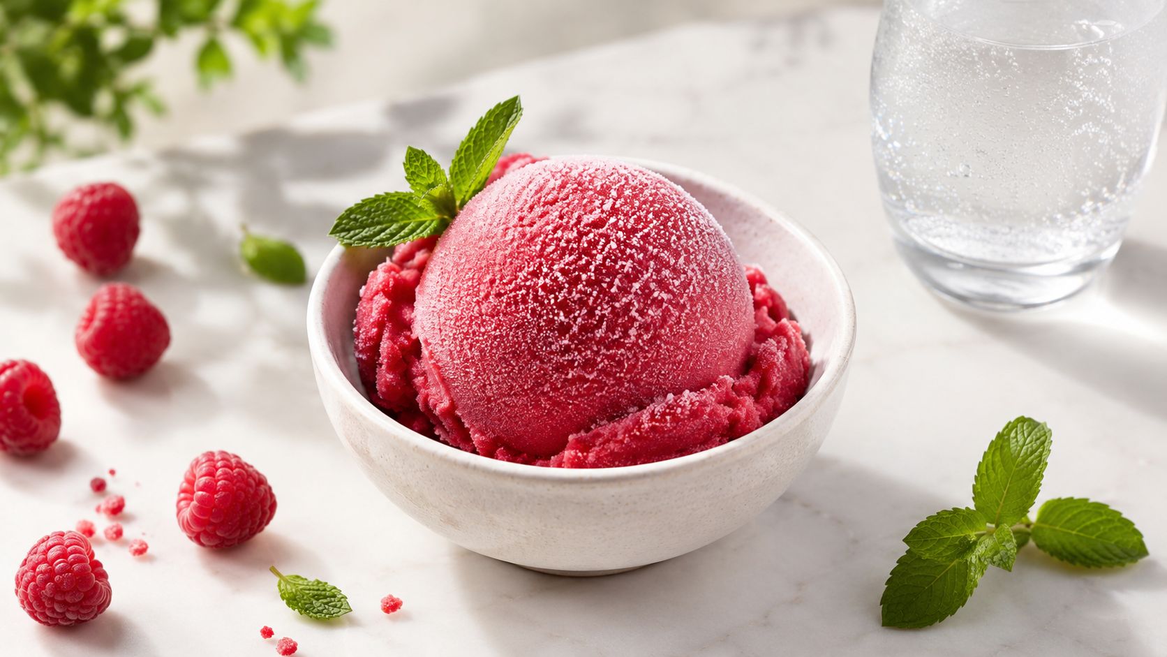 A refreshing scoop of vibrant raspberry sorbet in a small bowl, garnished with fresh green mint leaves.