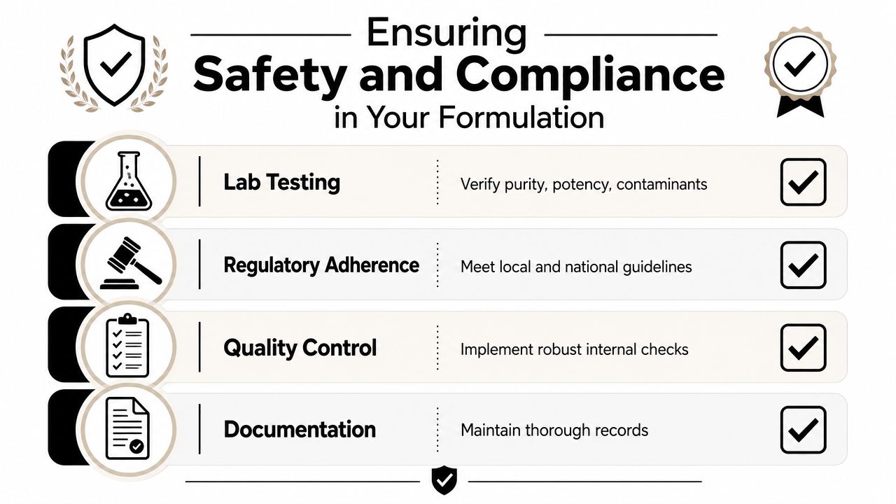 A professional infographic outlining four essential pillars for ensuring safety and regulatory compliance in product formulations.