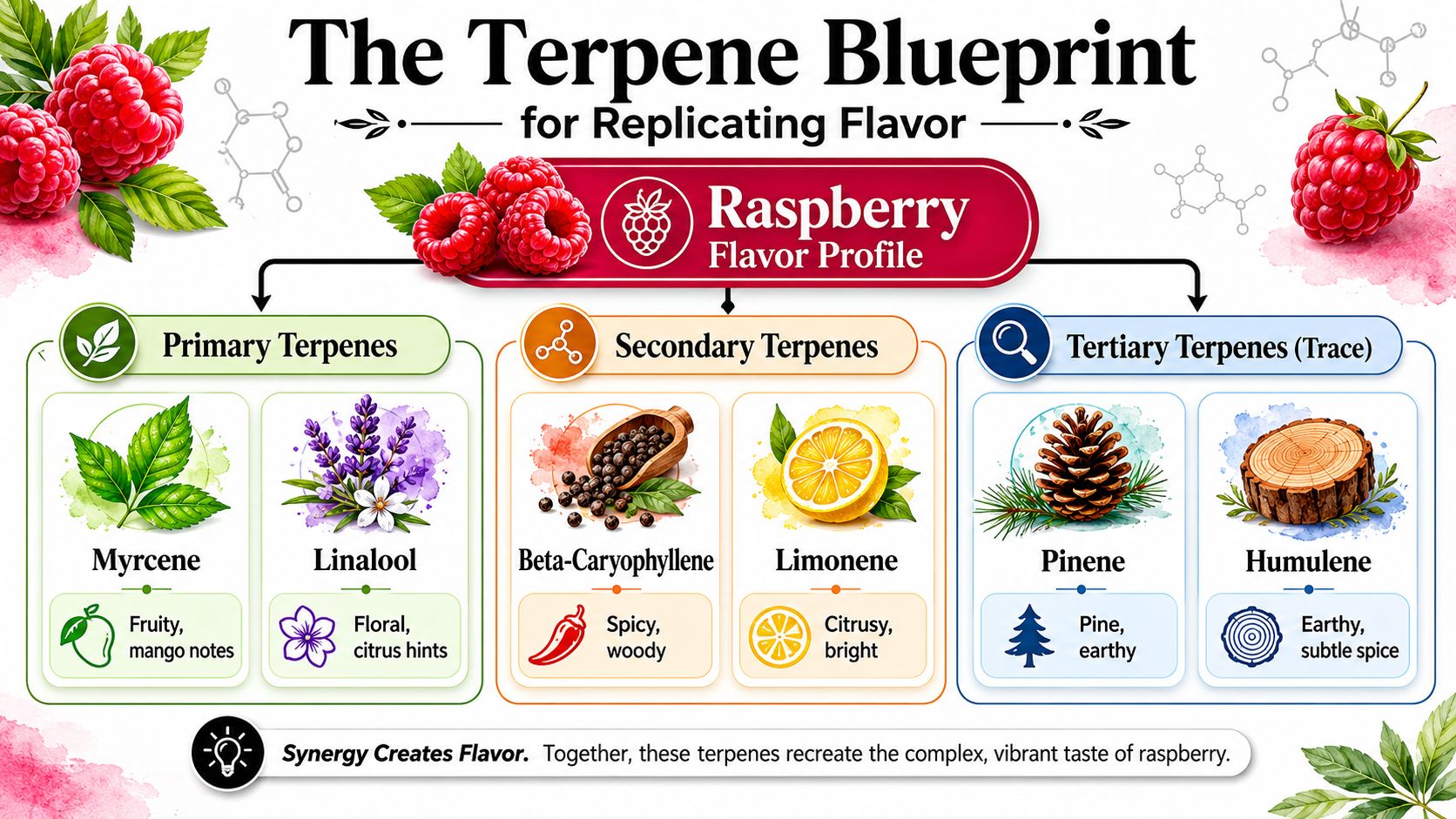 An infographic titled The Terpene Blueprint displaying the primary, secondary, and tertiary terpenes that recreate raspberry flavor.