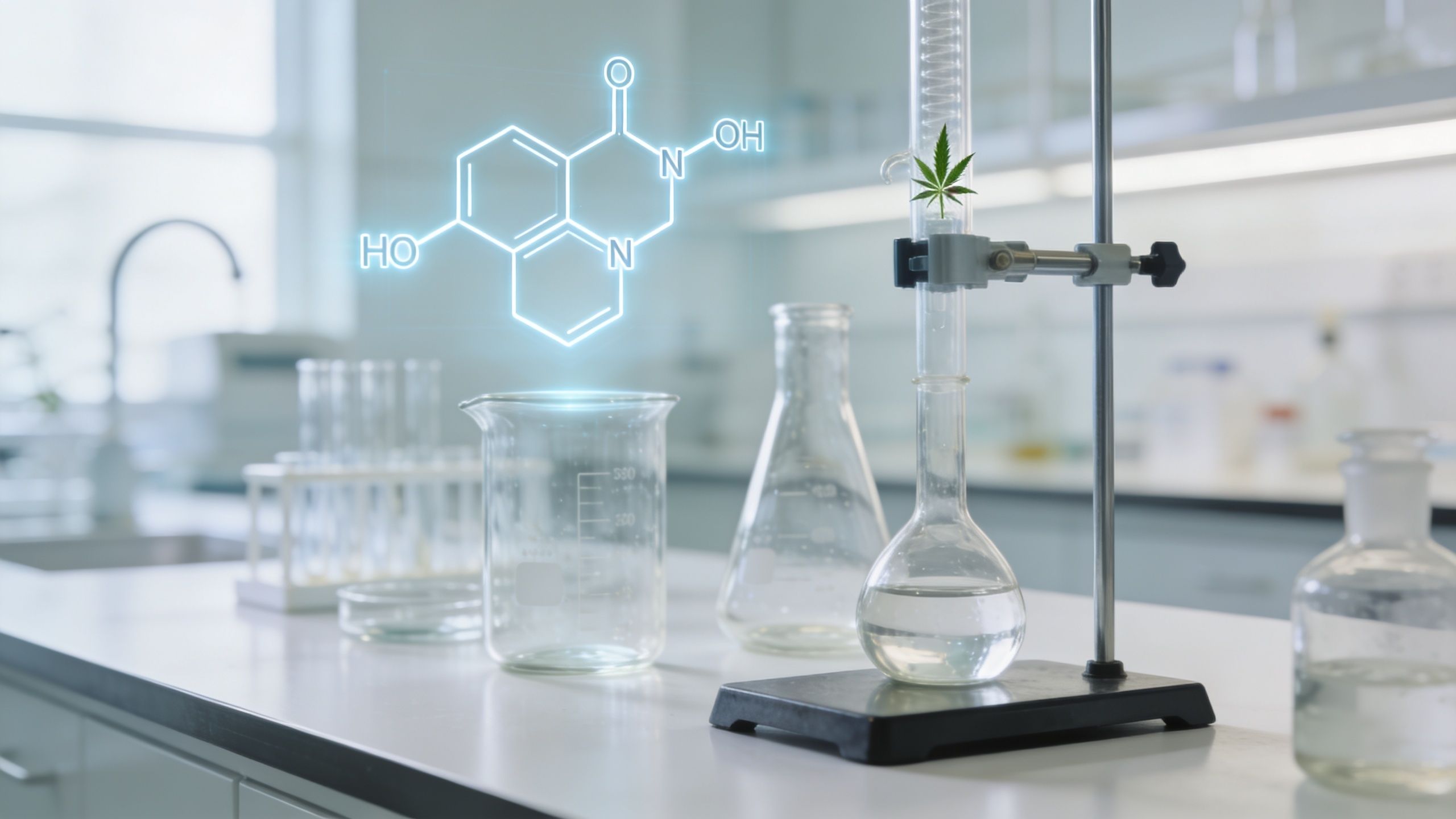 A lab beaker with a holographic chemical structure and a cannabis leaf inside a glass column.