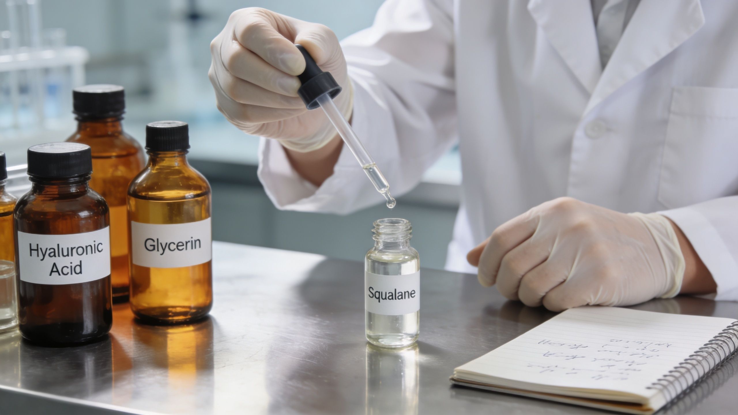 A scientist in a laboratory holding a dropper over a clear bottle labeled Squalane for formulation.