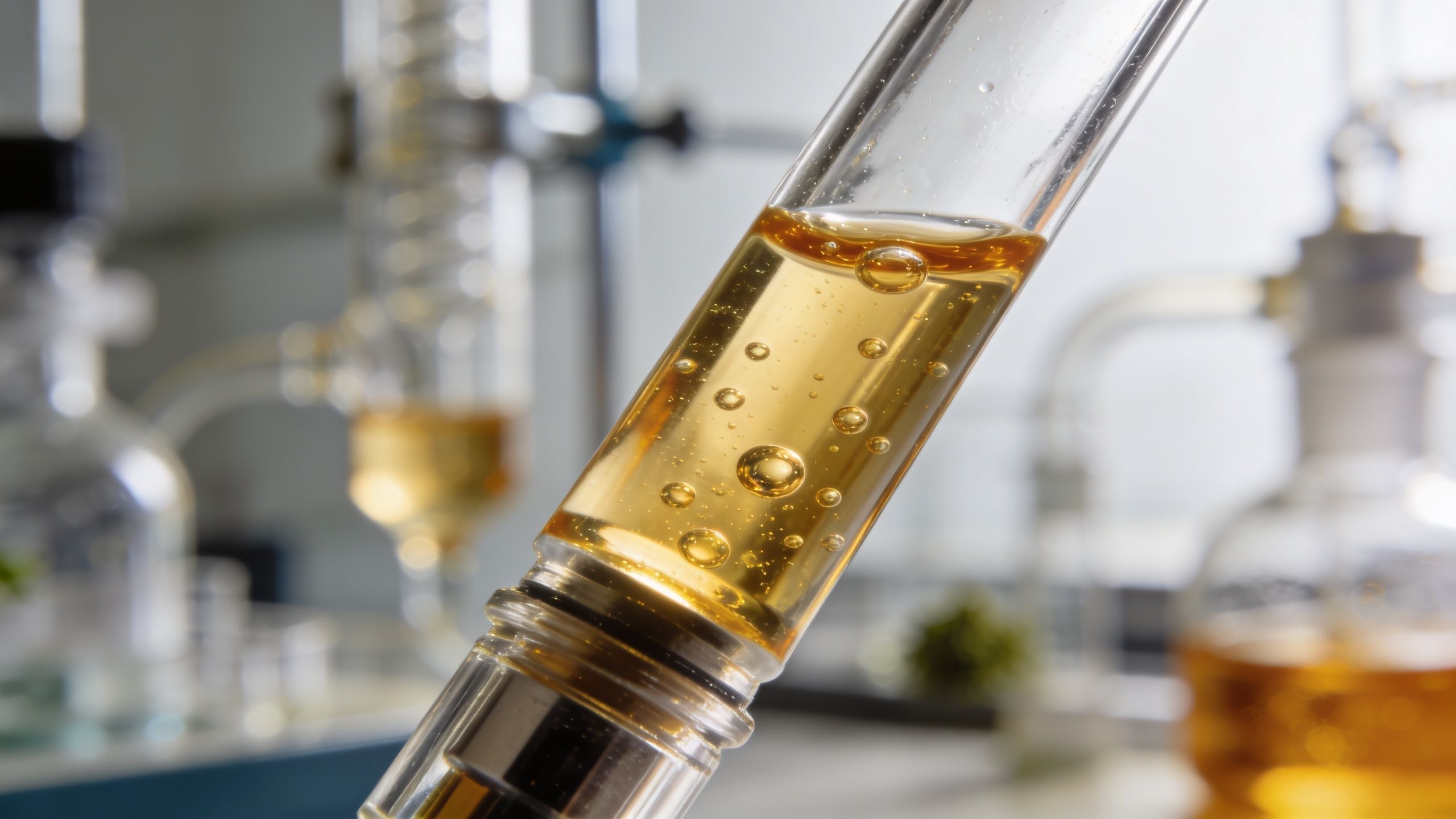 Close-up of a laboratory test tube filled with golden yellow terpene extract liquid used for product testing.
