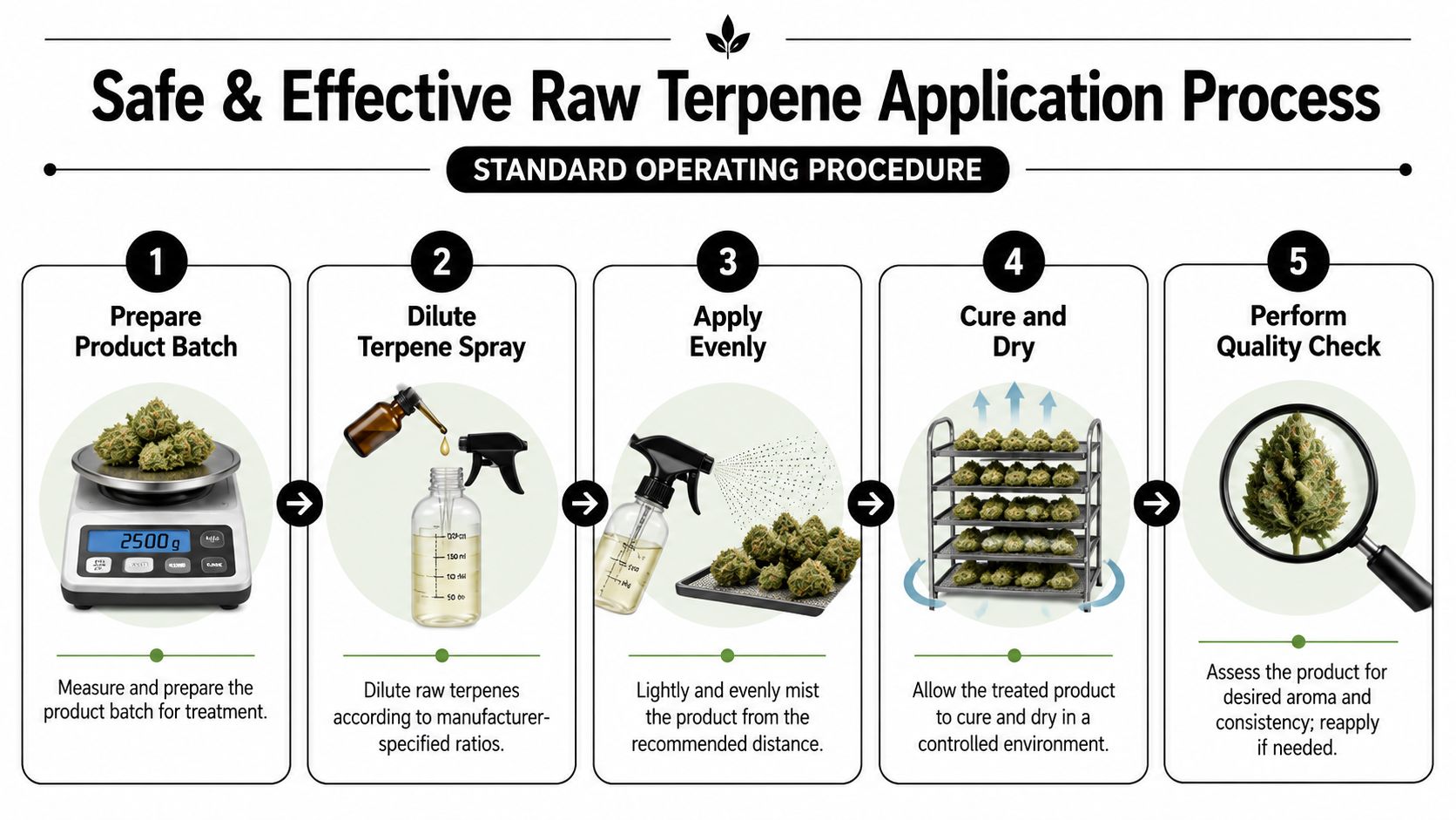 A five-step infographic illustrating the safe and effective process for applying raw terpene spray to cannabis products.