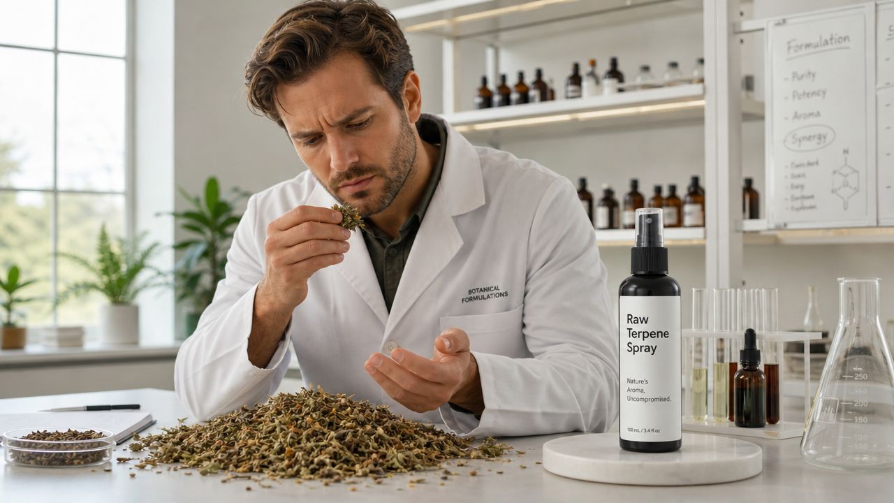 A professional researcher in a lab coat smelling a plant sample next to a bottle of raw terpene spray.