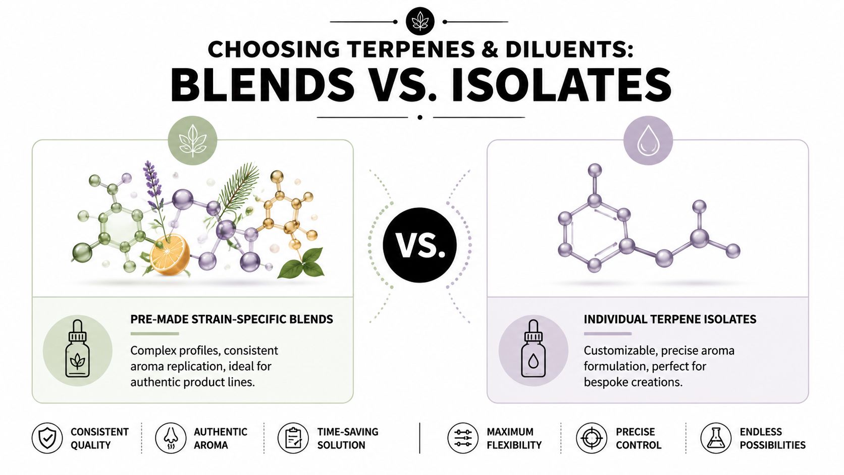 A comparison chart showing the differences between pre-made strain-specific terpene blends and individual terpene isolates.