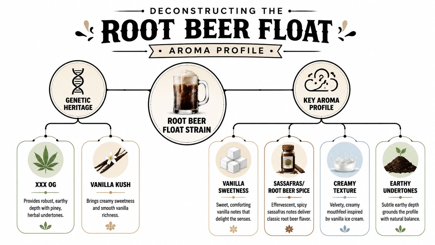 An infographic titled Deconstructing the Root Beer Float showing its genetic heritage and key aroma profile components.