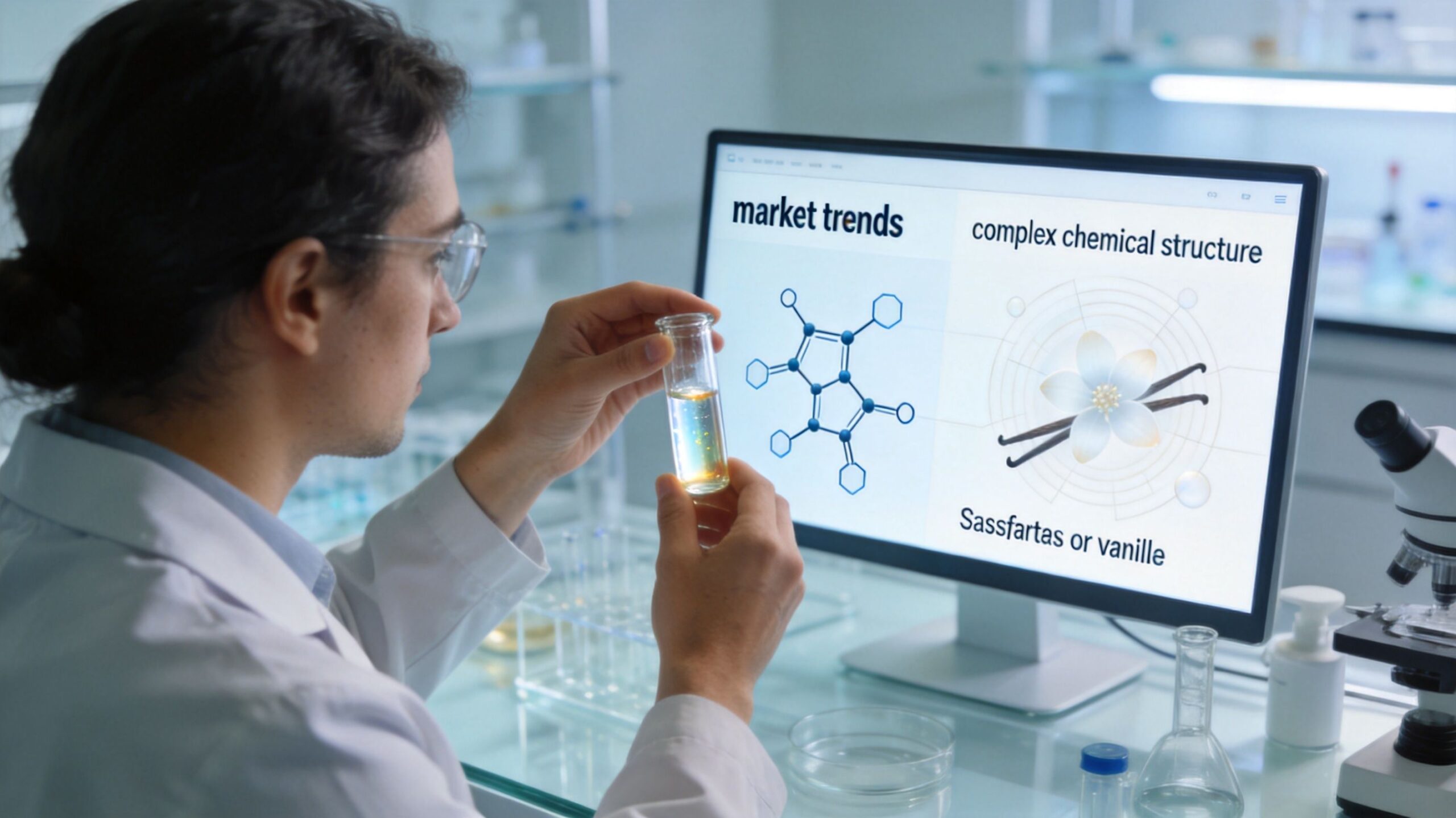 A scientist in a lab coat examining a test tube while analyzing chemical structures on a computer monitor.
