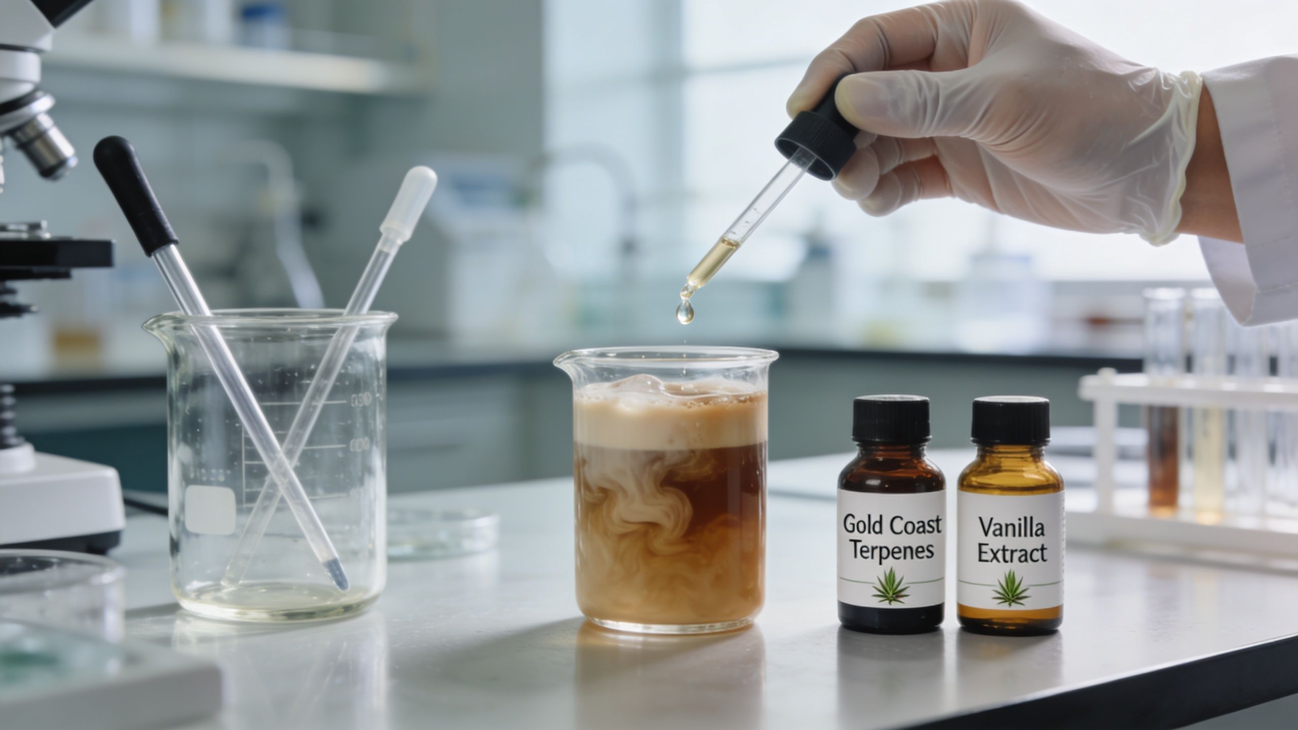 A gloved hand adds extract to a root beer float in a scientific laboratory setting