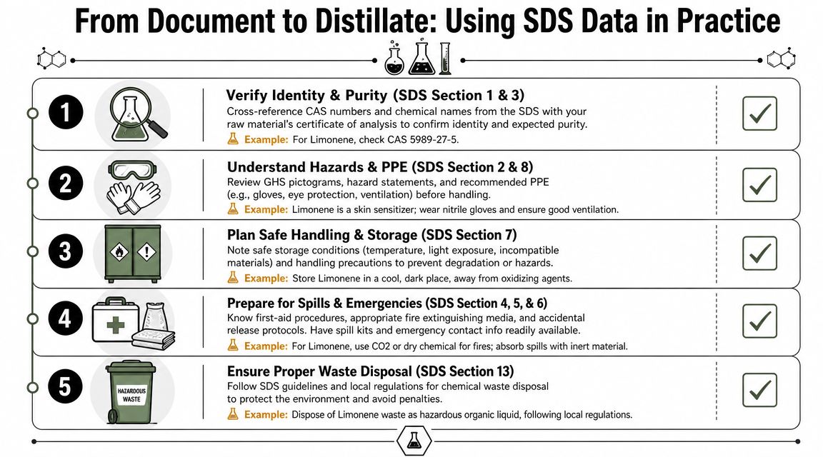 An infographic showing five steps for using safety data sheets to ensure proper chemical handling and disposal.