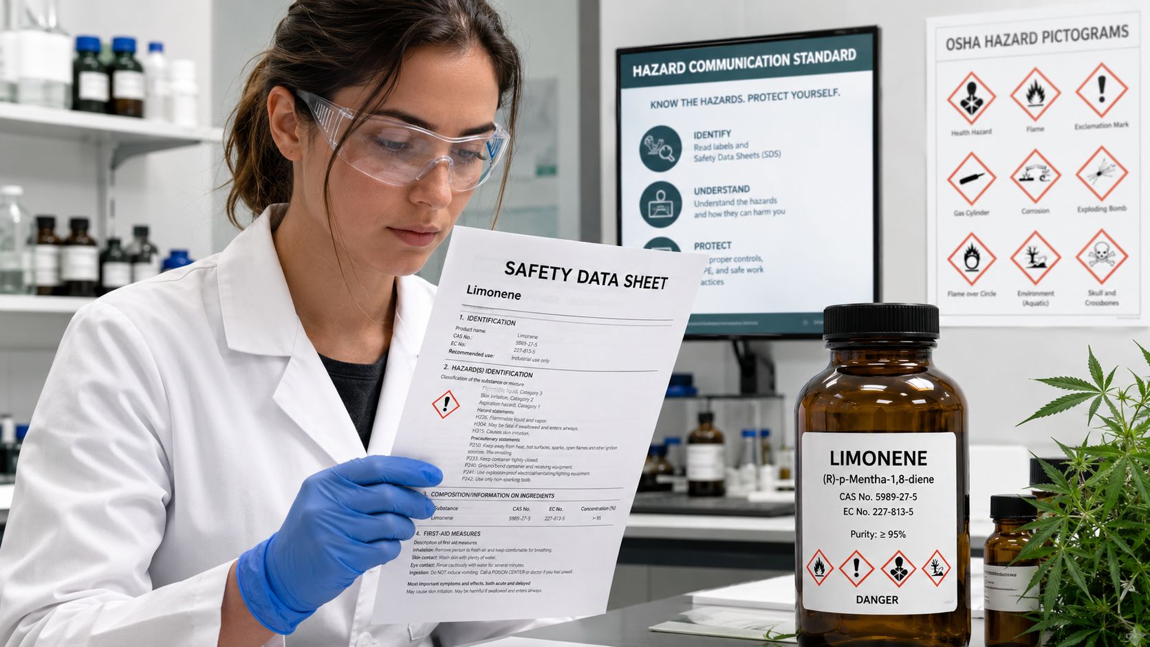 A female scientist in a laboratory reviewing a safety data sheet for the chemical compound Limonene.