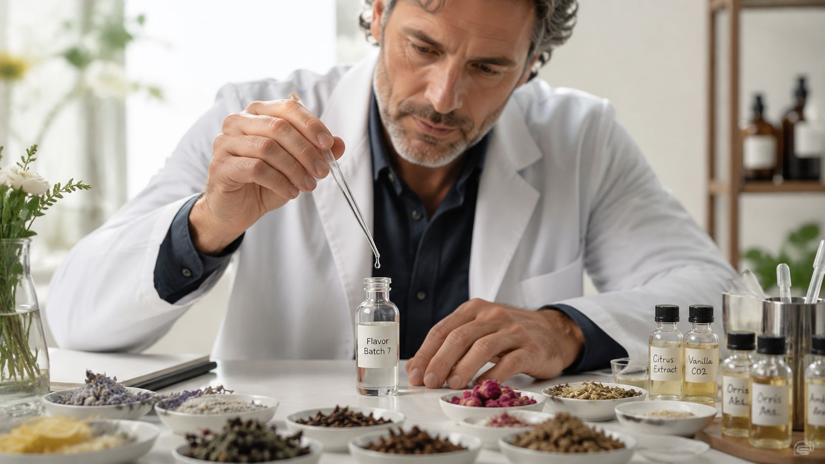 A scientist in a lab coat precisely adds a liquid extract to a vial labeled Flavor Batch 7.