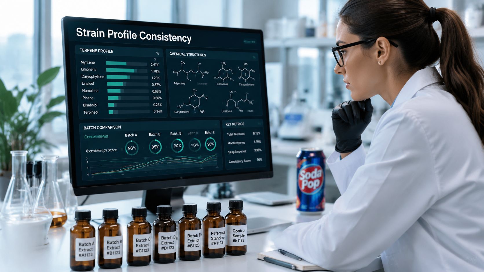 A female scientist in a laboratory reviewing strain profile consistency data on a computer screen.