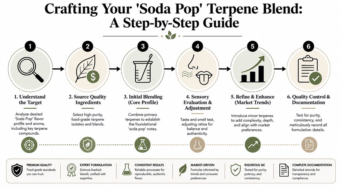 A six-step infographic detailing the process for crafting a high-quality soda pop flavored terpene blend.