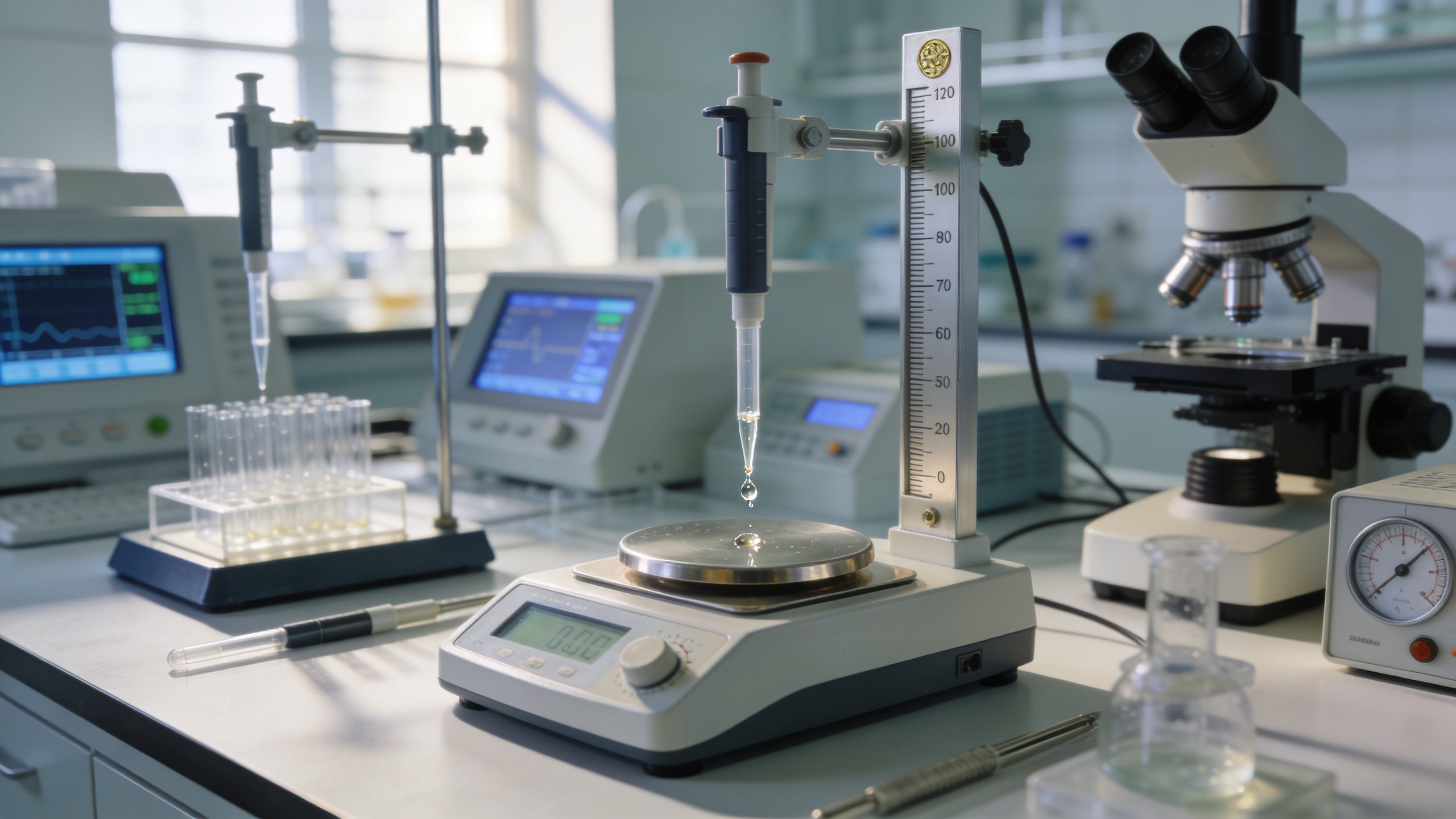 A modern laboratory workbench featuring analytical scales, pipettes, test tubes, and a microscope for scientific research.