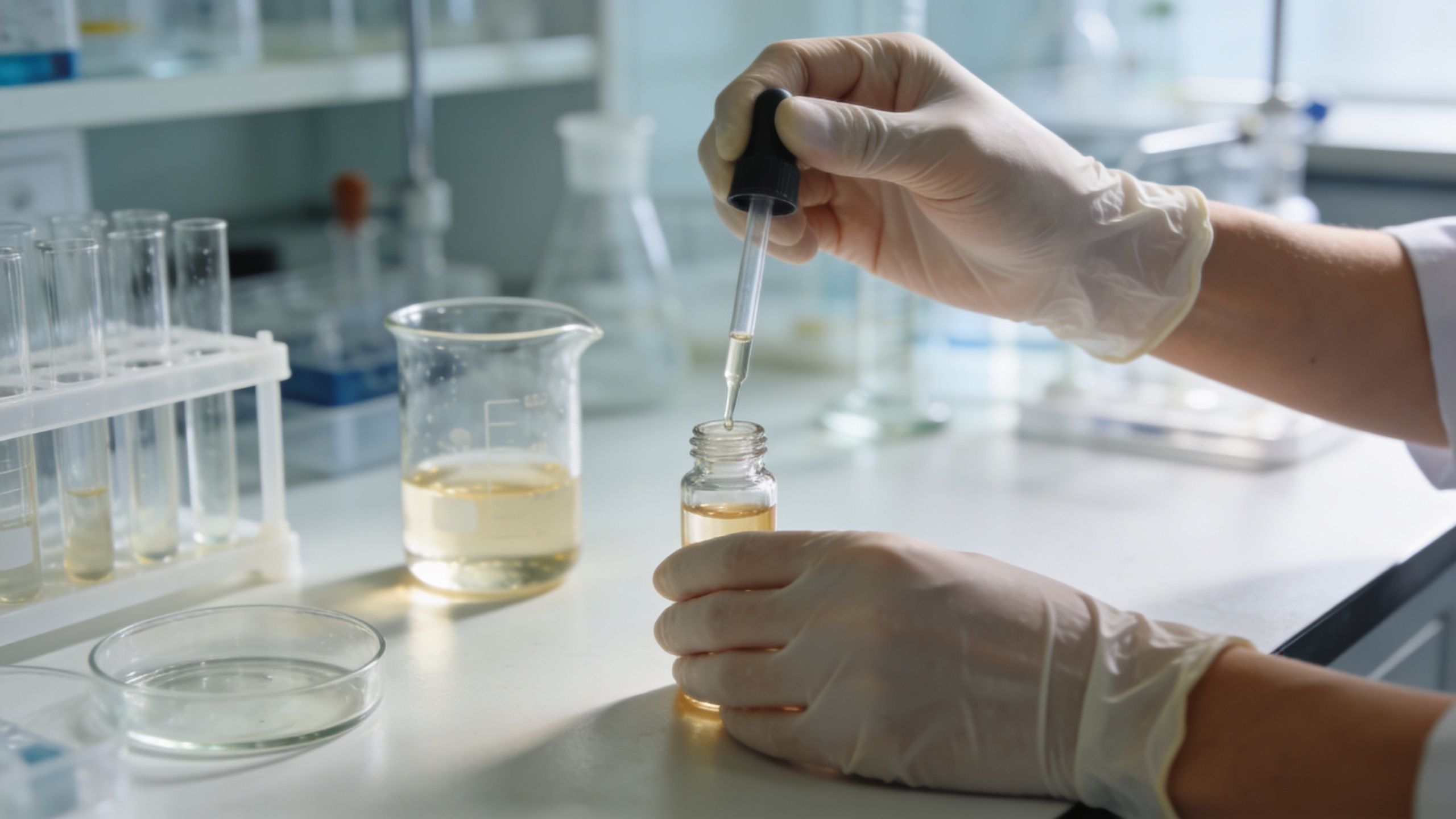 A laboratory scientist in gloves carefully adds liquid to a small vial using a glass dropper.